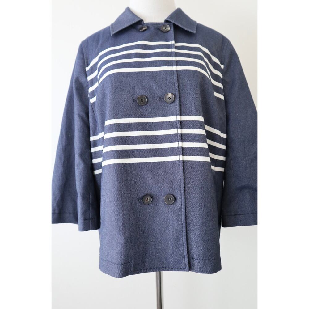St John Size M Double Breasted Short Swing Jacket Stripe Blue 3/4 Sleeve - Picture 3 of 14